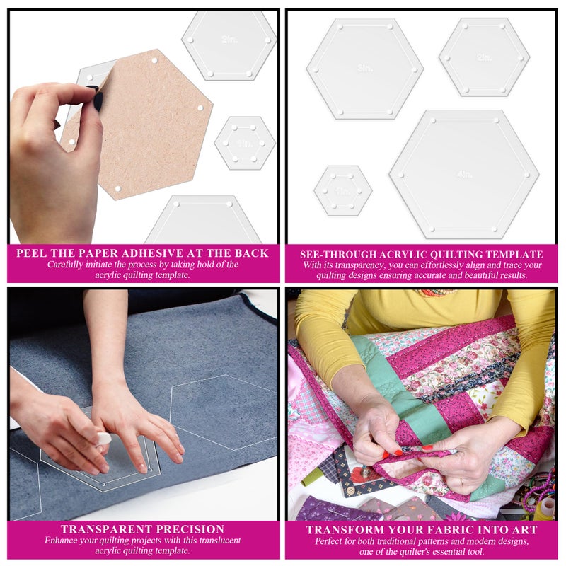 LaserThing Hexagon Quilting Template Set - 4", 3", 2", 1" Sizes with 1/4" Seam Allowance - Durable Acrylic Templates for Quilting, Patchwork, Crafting, & Sewing Projects - Clear Templates for Accuracy - Image 5